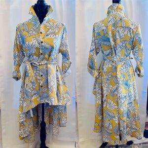 Boutique Tropical Leaf Print High Low Shirt Dress Belted Button Front Free Size